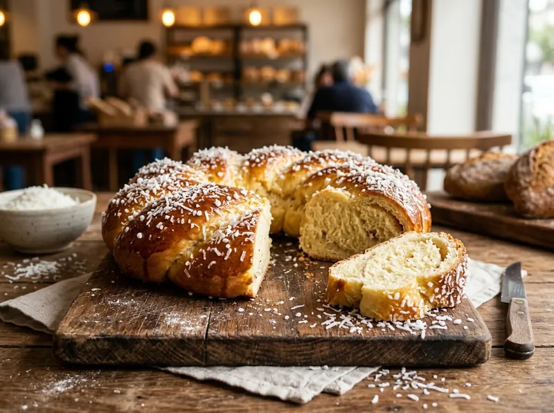 Rosca Colonial Trançada Doce com coco ralado e calda