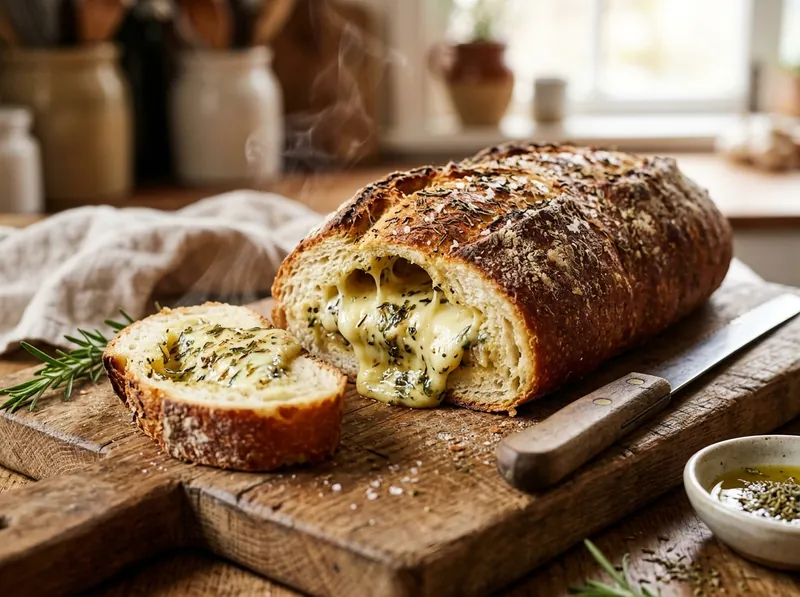 Pão Colonial Recheado com queijo derretido e ervas